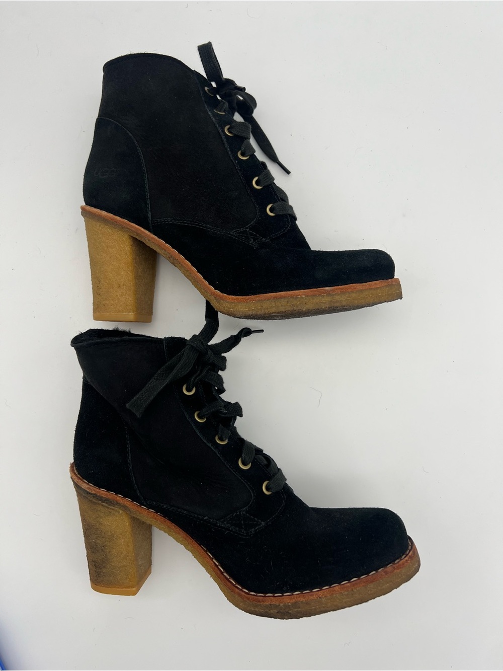 UGG Sofia black suede leather lace up boots chunky heel sheepskin women’s size 8 - Picture 3 of 8